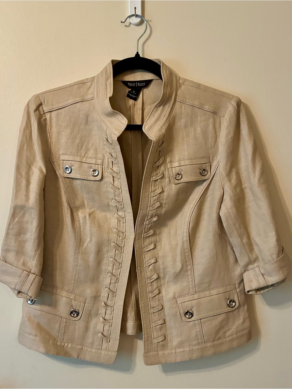 White House Black Market Linen Military Style Blazer Jacket 3/4 Sleeve Beige Tan - Picture 2 of 12